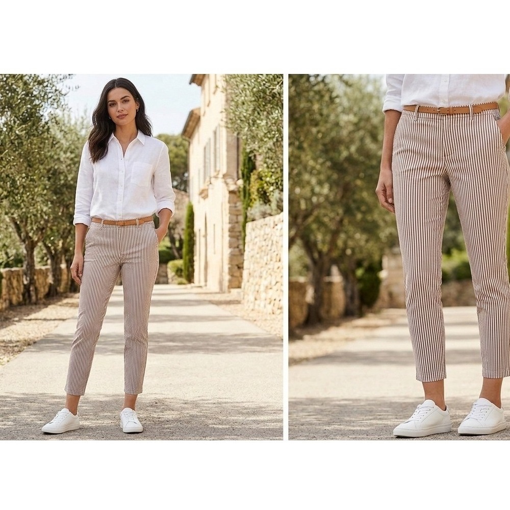 Loft The Monroe Slim Striped Pants Womens 8 Brown White Vertical Stripe Trousers